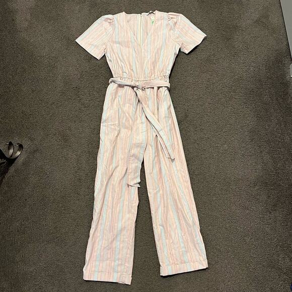 Madewell Striped Puff Sleeve Tapered Linen Jumpsuit Blue Horizon Marant Stripe - Picture 6 of 10
